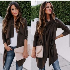 Vici Herbaceous Brown Olive Faux Suede Open Draped Jacket